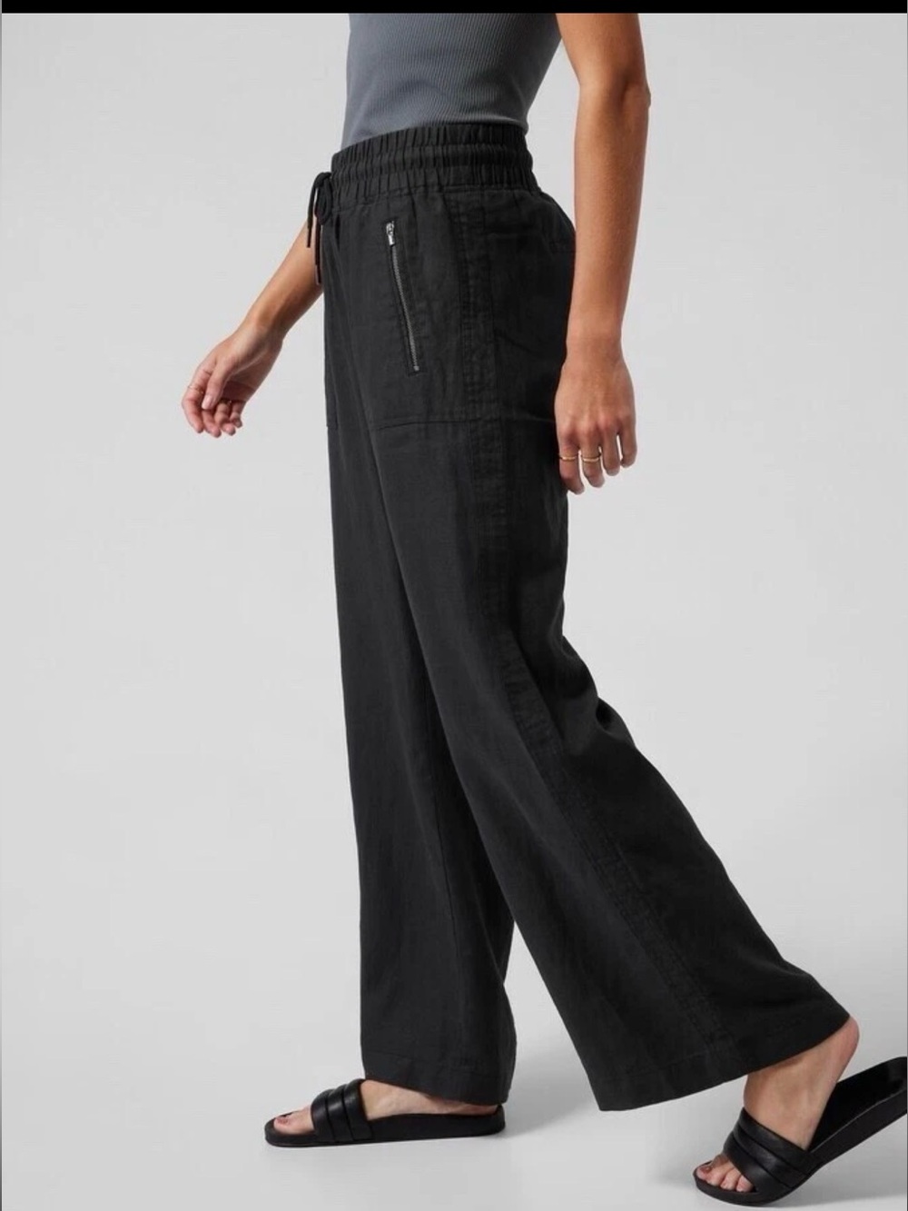 Athleta Cabo Wide Leg Linen 100% Black Resort Pants , size 6